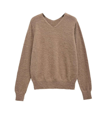 Loose Knit VNeck Top in soft camel color, featuring a relaxed fit and v-neckline, perfect for casual layering.