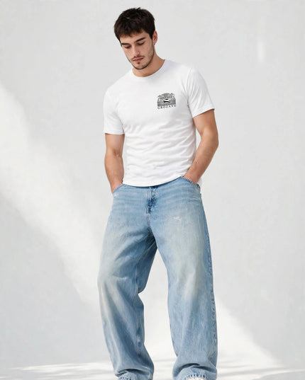 Low-angle shot of the white fine jersey fitted tee