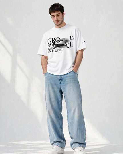 Low-angle studio portrait in the White Icons Box Tee