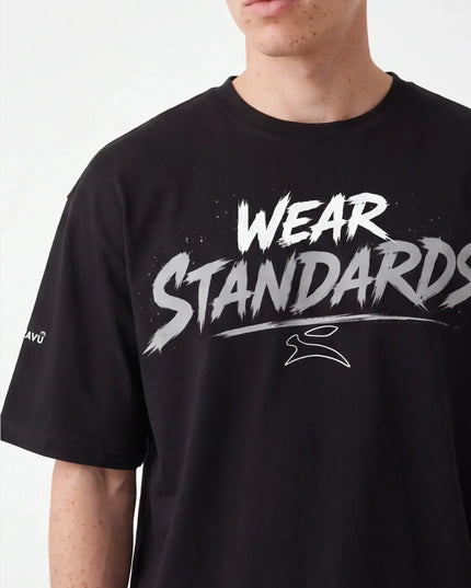 Flint Tee Weave styled overhead — oversized silhouette showing intentional shoulder width and clean hemline