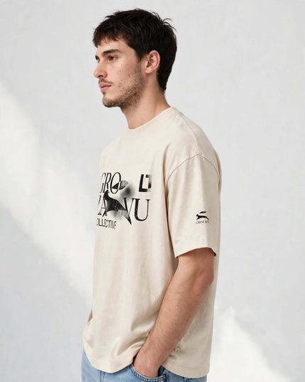 Side profile of the Vintage White Icons Box Tee with drop shoulders