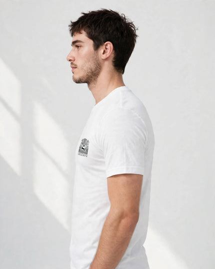 Side profile showing how the light jersey tee drapes along the body