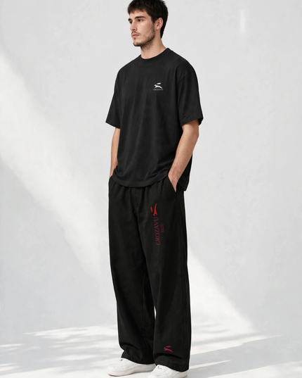 Three-quarter view of the SS26 wide-leg pants in 300 g/m² cotton stretch