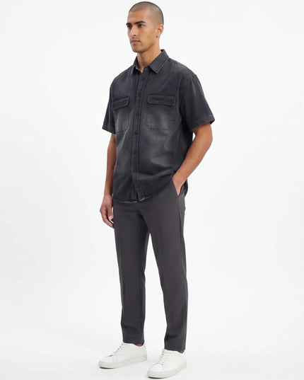 Front view of the Maison Grozavu Earth Shirt Mark in style — showing the refined stitching.