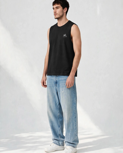 Three-quarter view of the black deep-cut sleeveless tee