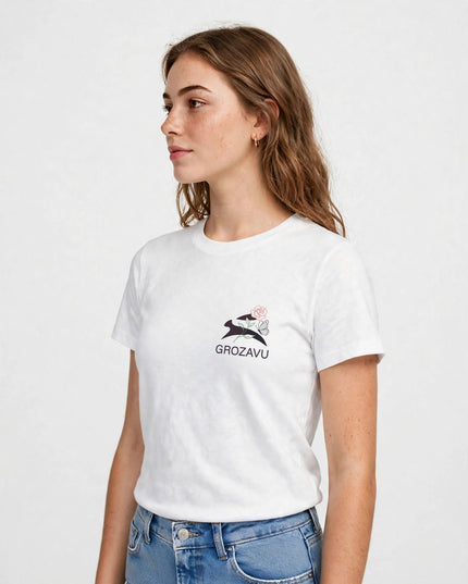 Side profile of the White straight-cut tee with set-in sleeves