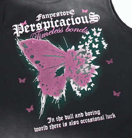 Butterfly Print Tank Top - Loose Fit with vintage butterfly design and bold lettering.