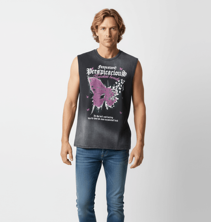 Butterfly Print Tank Top - Loose Fit worn by man with butterfly graphics and relaxed fit.