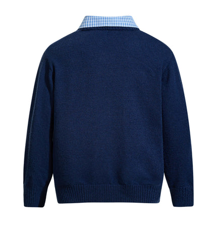 Back view of Faux Layered Knit Sweater with Collar showcasing a casual design and blue checkered collar.