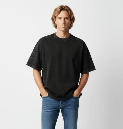 Men’s Mech Design Washed TShirt in black, featuring a mechanical-inspired washed look and classic round neck.