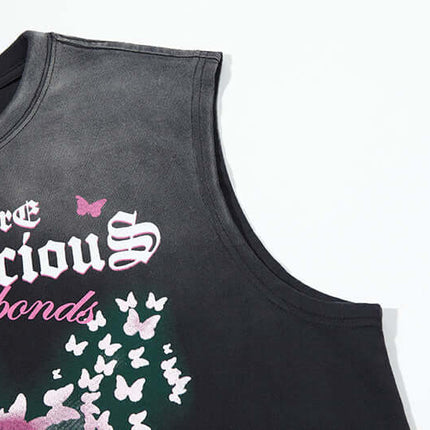 Butterfly Print Tank Top - Loose Fit featuring a vibrant butterfly graphic on a sleeveless black background.