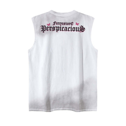 Butterfly Print Tank Top - Loose Fit, white sleeveless back view with butterfly details and graphic text.