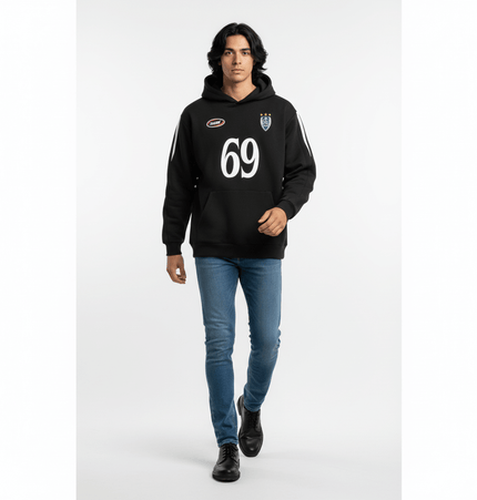 Oversized Hooded Sweatshirt – Loose Fit worn by a model, featuring a black design with number 69 and casual style.