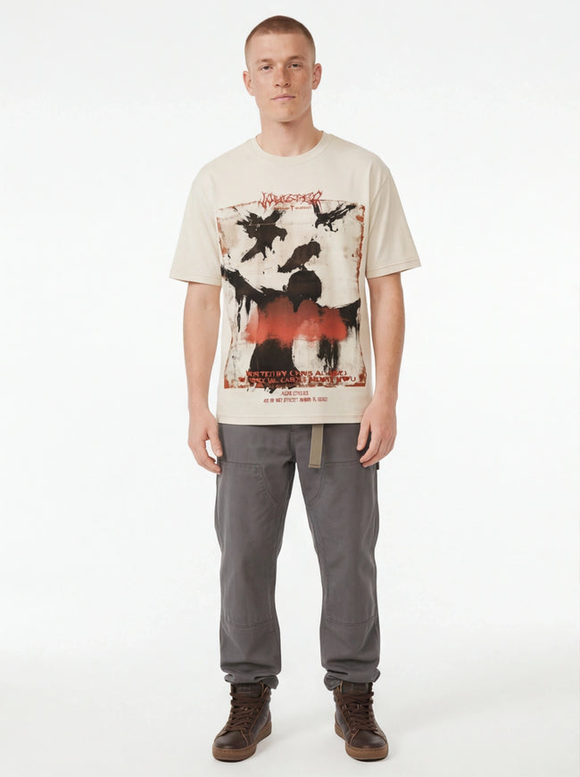 Model wearing White crow graphic short sleeve by Grozavu