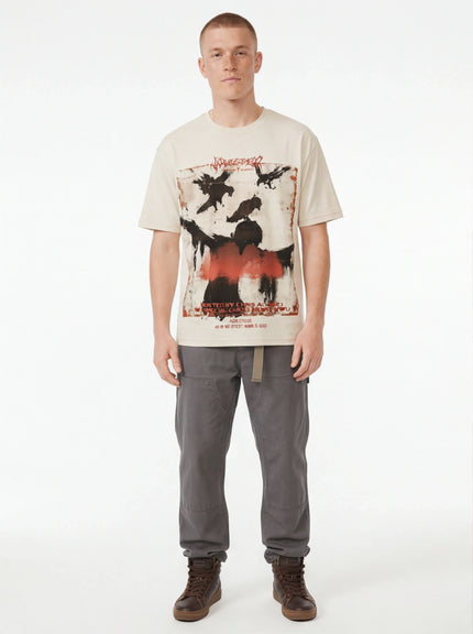 Model wearing White crow graphic short sleeve by Grozavu