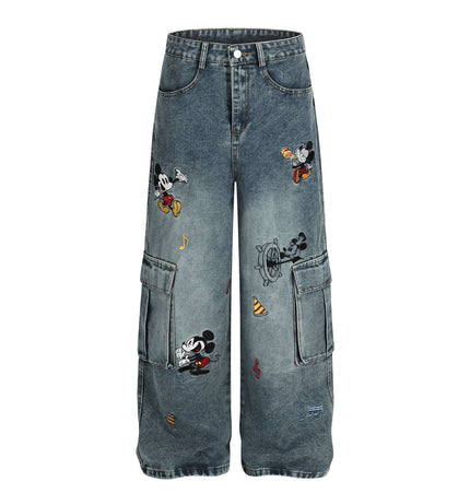 Casual Embroidered Denim Cropped Pants featuring playful Mickey Mouse designs and a stylish wide-leg cut.