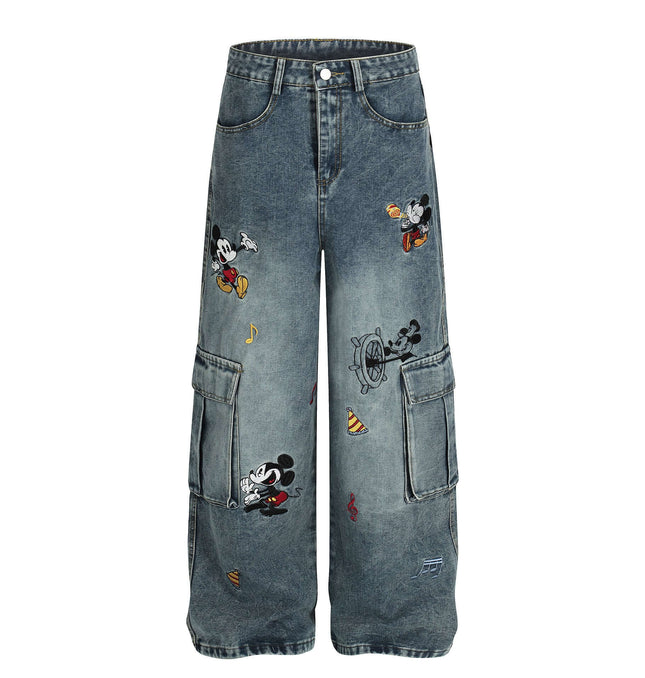 Casual Embroidered Denim Cropped Pants featuring playful Mickey Mouse designs and a stylish wide-leg cut.