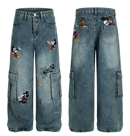 Casual Embroidered Denim Cropped Pants featuring playful Mickey Mouse embroidery on a stylish design.
