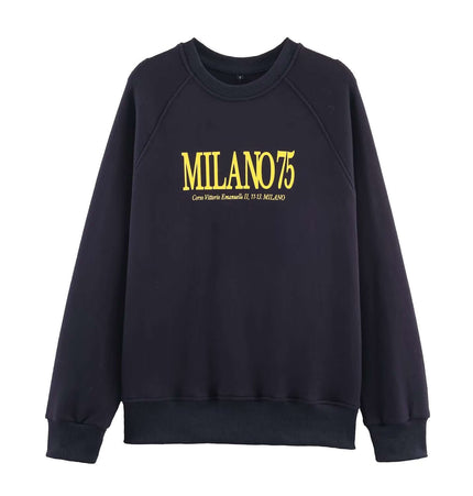 Retro Printed Pullover Hoodie – Loose Fit in dark fabric with Milano 75 design for casual style.