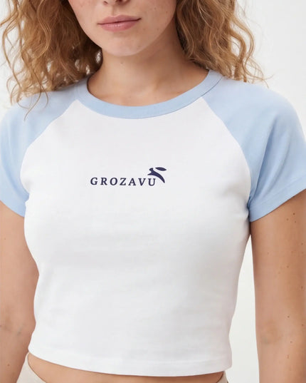 Front view of the Maison Grozavu Seamless Ash Crop Top in top — showing the clean lines.