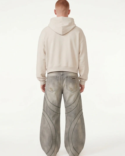 Maison Grozavu Chalk Denim Profile — side profile view showing the shoulder drop and sleeve length