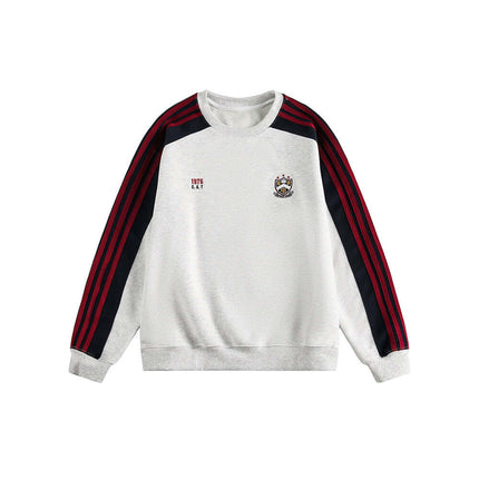 National Trend Retro Stripe Loose Shirt featuring a white base with dark red and navy stripes on sleeves.