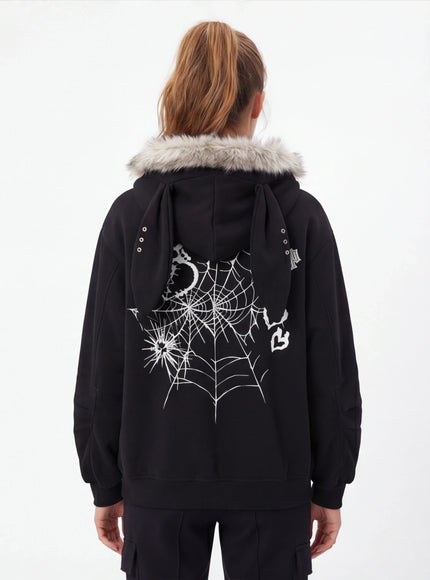 Model wearing Black bunny network card long hooded by Grozavu