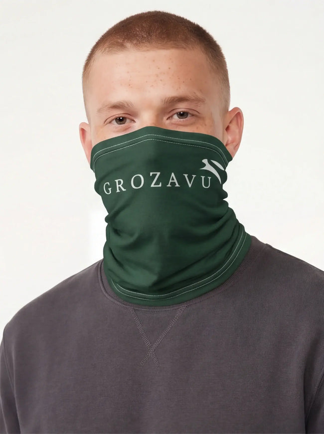 Model wearing neck gaiter by Grozavu