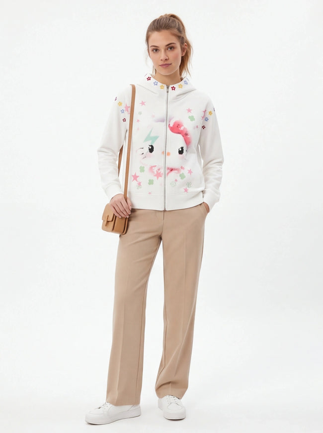 Close-up of White cartoon print hooded sweatshirt sense fabric