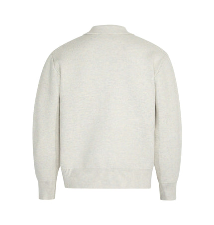 Back view of Notch Lapel Knit Sweater - Loose Fit in light grey, showcasing its relaxed style and collar design.