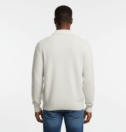 Notch Lapel Knit Sweater - Loose Fit, back view of a man wearing a light-colored sweater with a flip collar.