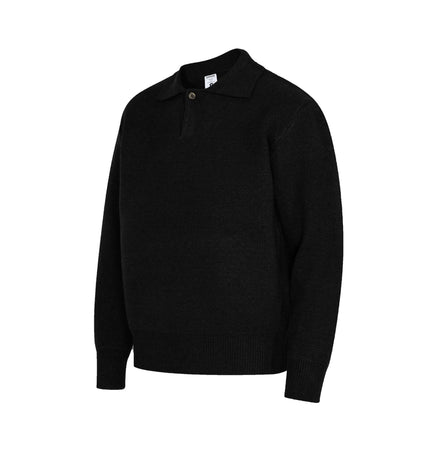 Notch Lapel Knit Sweater - Loose Fit in black with a flip collar and a relaxed stitch design.