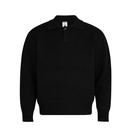 Notch Lapel Knit Sweater - Loose Fit in black with a flip collar and relaxed design for everyday style.