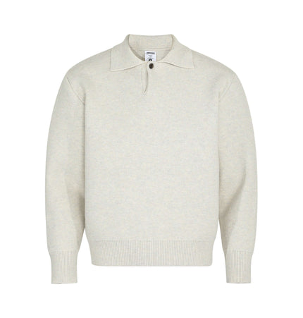 Notch Lapel Knit Sweater - Loose Fit in light beige color with a flip collar design.
