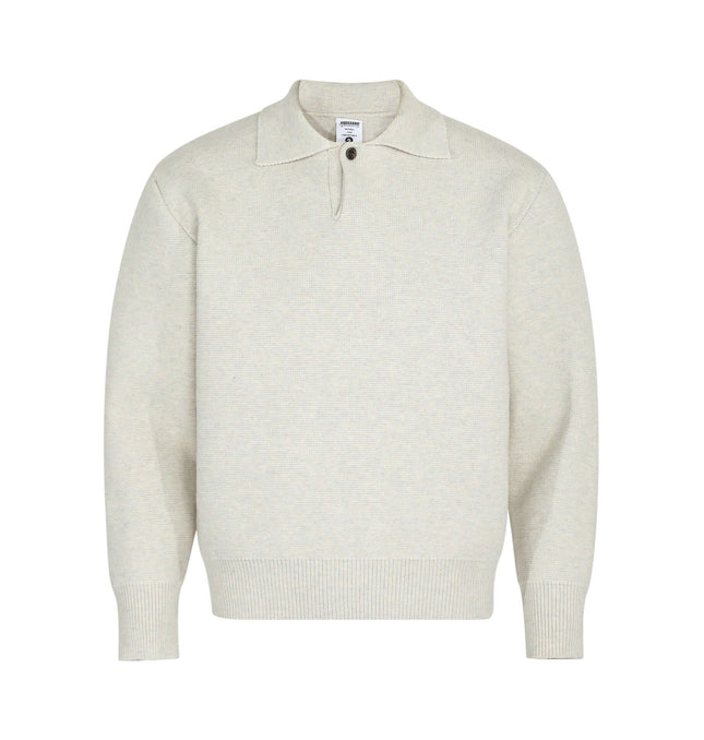 Notch Lapel Knit Sweater - Loose Fit in light beige color with a flip collar design.