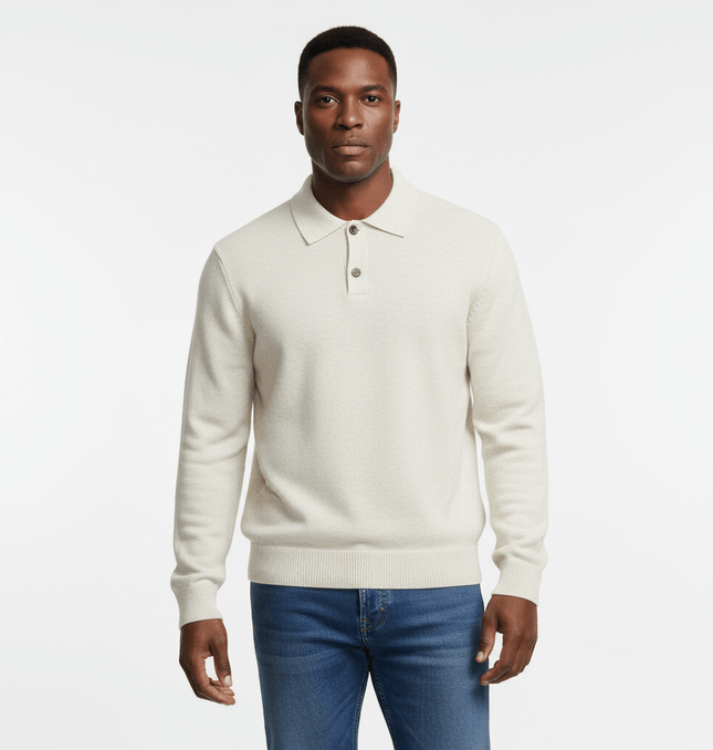 Notch Lapel Knit Sweater - Loose Fit in cream color, featuring a flip collar neckline and relaxed fit.