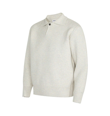 Notch Lapel Knit Sweater - Loose Fit in a soft beige color with flip collar and relaxed silhouette.