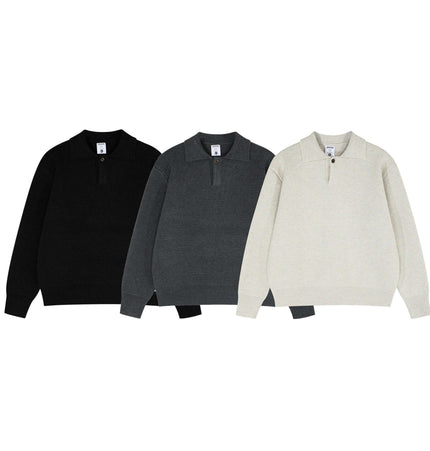 Notch Lapel Knit Sweater - Loose Fit in black, grey, and cream colors, showcasing a stylish flip collar design.