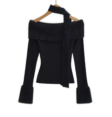 One Shoulder Long Sleeve Office Casual Top featuring a chic off-shoulder design and elegant black color.