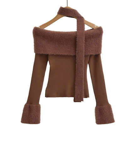 One Shoulder Long Sleeve Office Casual Top in stylish brown with off-the-shoulder design and fuzzy sleeves.