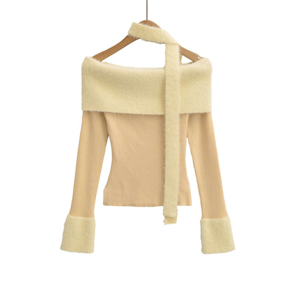 One Shoulder Long Sleeve Office Casual Top with off-shoulder design and soft fabric in light beige color.