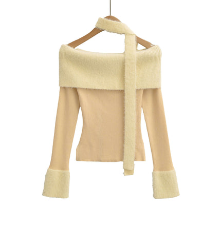 One Shoulder Long Sleeve Office Casual Top with off-shoulder design and soft fabric in light beige color.