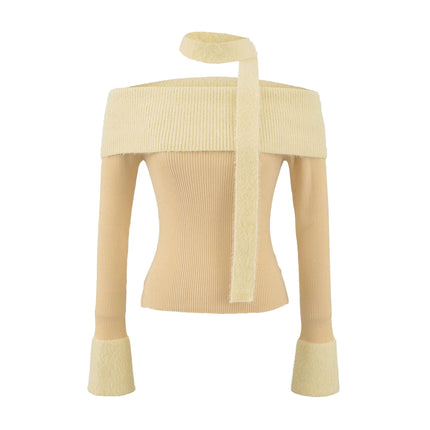One Shoulder Long Sleeve Office Casual Top in soft beige with off-shoulder design and stylish ribbon detail.