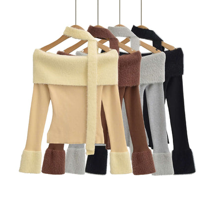 One Shoulder Long Sleeve Office Casual Top in multiple colors hanging on display.