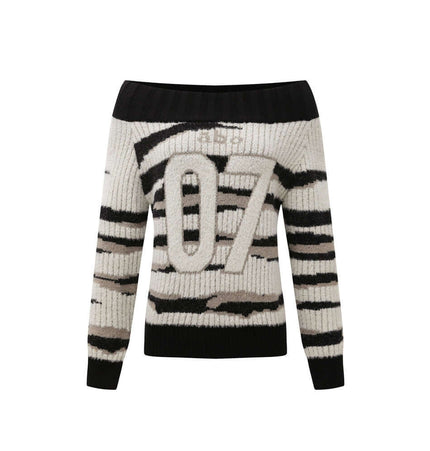 One-Shoulder Striped Knit Sweater – Slim Fit featuring bold stripes and off-shoulder design in soft acrylic.