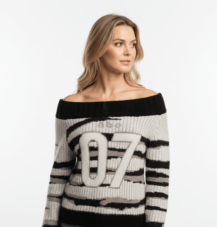 One-Shoulder Striped Knit Sweater – Slim Fit featuring bold stripes and a stylish boat neckline.
