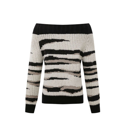 One-Shoulder Striped Knit Sweater – Slim Fit in black and cream striped design, featuring an off-shoulder style.