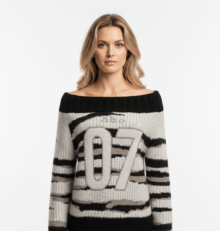 One-Shoulder Striped Knit Sweater – Slim Fit featuring bold stripes and a stylish boat neckline.