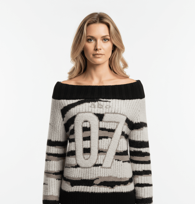 One-Shoulder Striped Knit Sweater – Slim Fit featuring bold stripes and a stylish boat neckline.