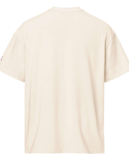 Beige oversized heavyweight tee in 237 g/m² cotton, studio back view